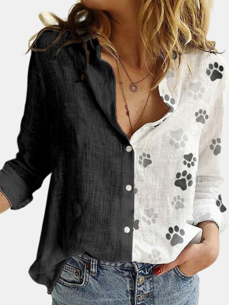 Dog Paw Print Patchwork Long Sleeve Casual Shirt For Women P1783811