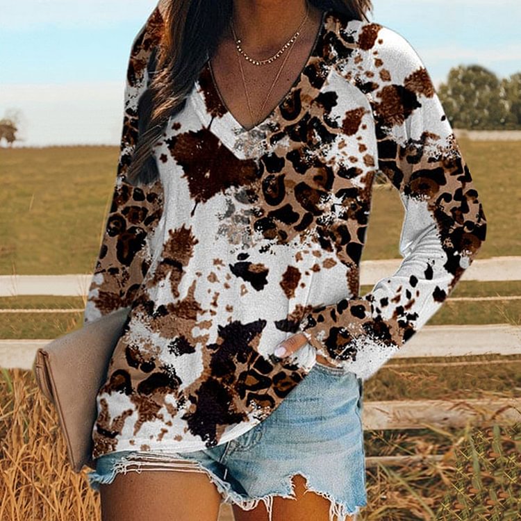 Vefave Vintage Leopard Print V-Neck Long Sleeve T-Shirt