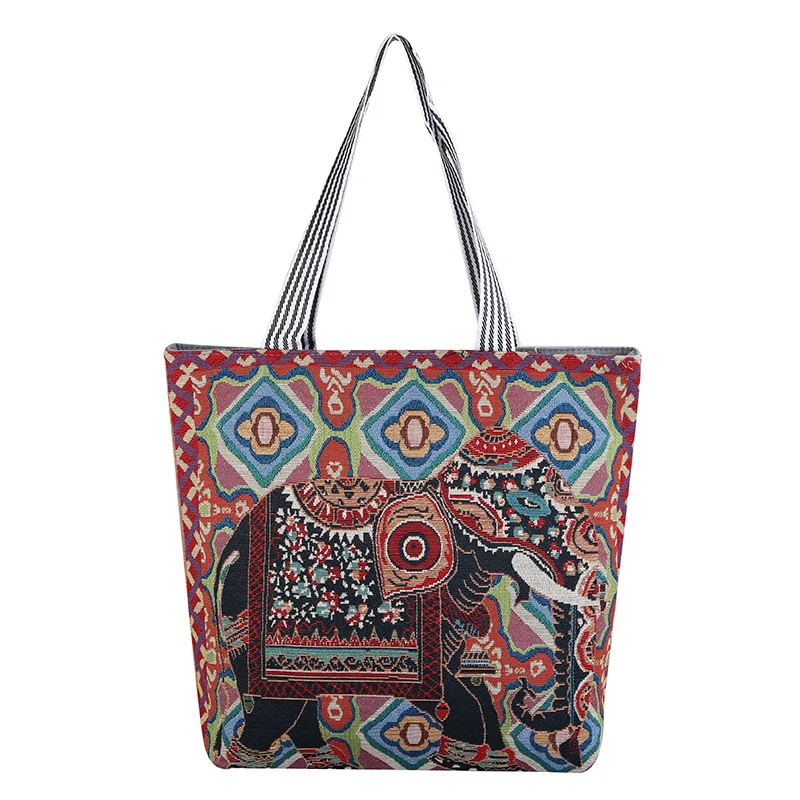 Ethnic elephant floral printed large capacity one-shoulder handbag