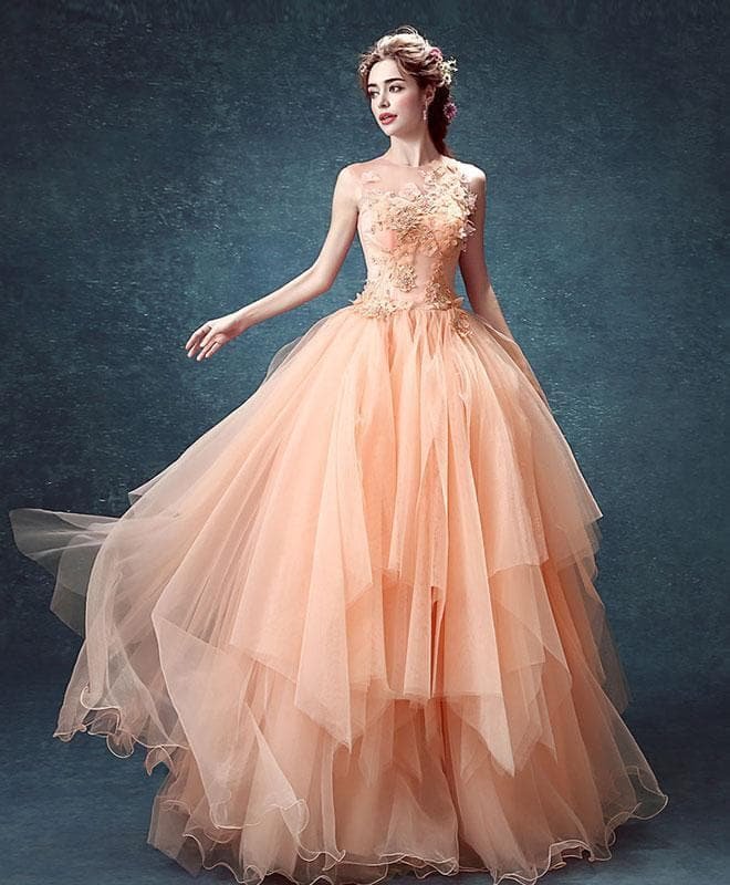 Pink Tulle Lace Long Prom Gown, Pink Evening Dress