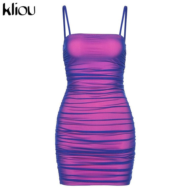 Kliou Reflective Fashion Sexy Dress Summer Clothes for Women Slash Neck Camisole Skinny Mini Dresses Female Club Partywear - BlackFridayBuys