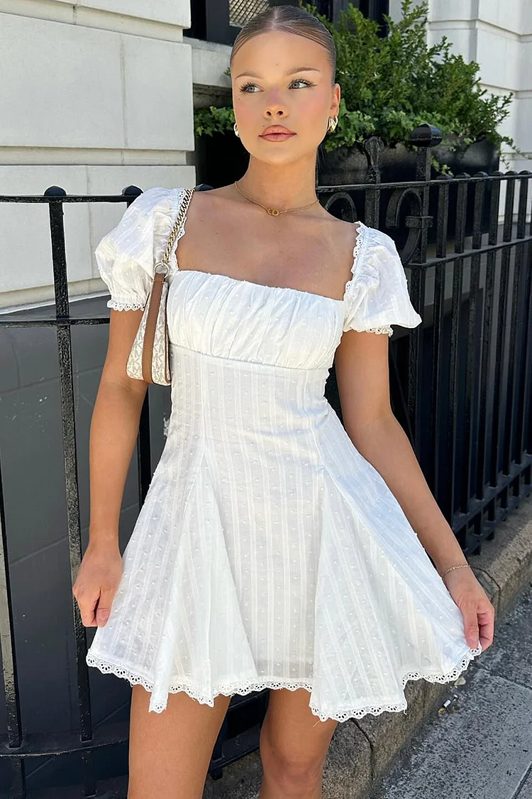 Square Neck Puff Sleeve Striped Godets Mini Dresses-White [Pre Order]