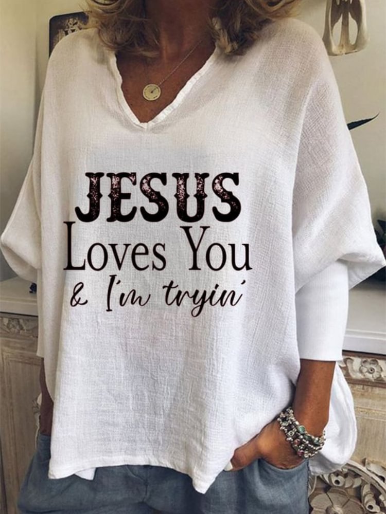 Vefave Jesus Loves You And I'm Tryin Print V Neck Tunic