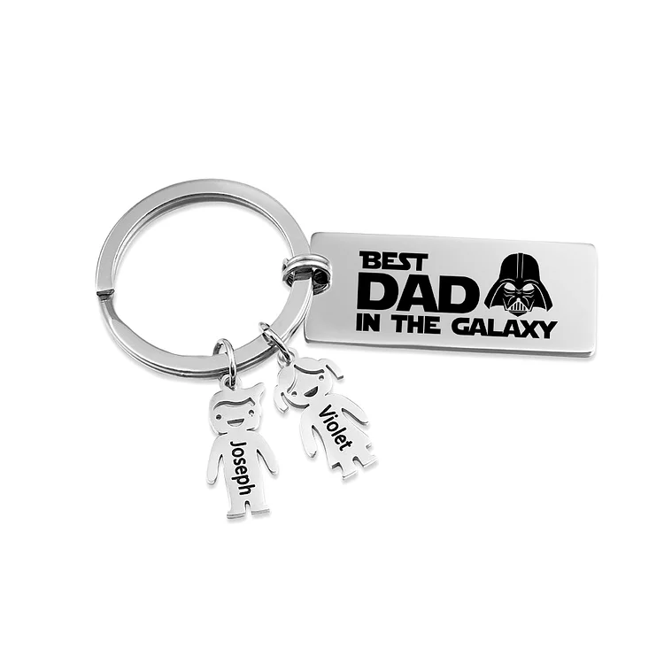 Personalized Best Dad in The Galaxy Keychain with 2 Kid Charms Father's Day Gift