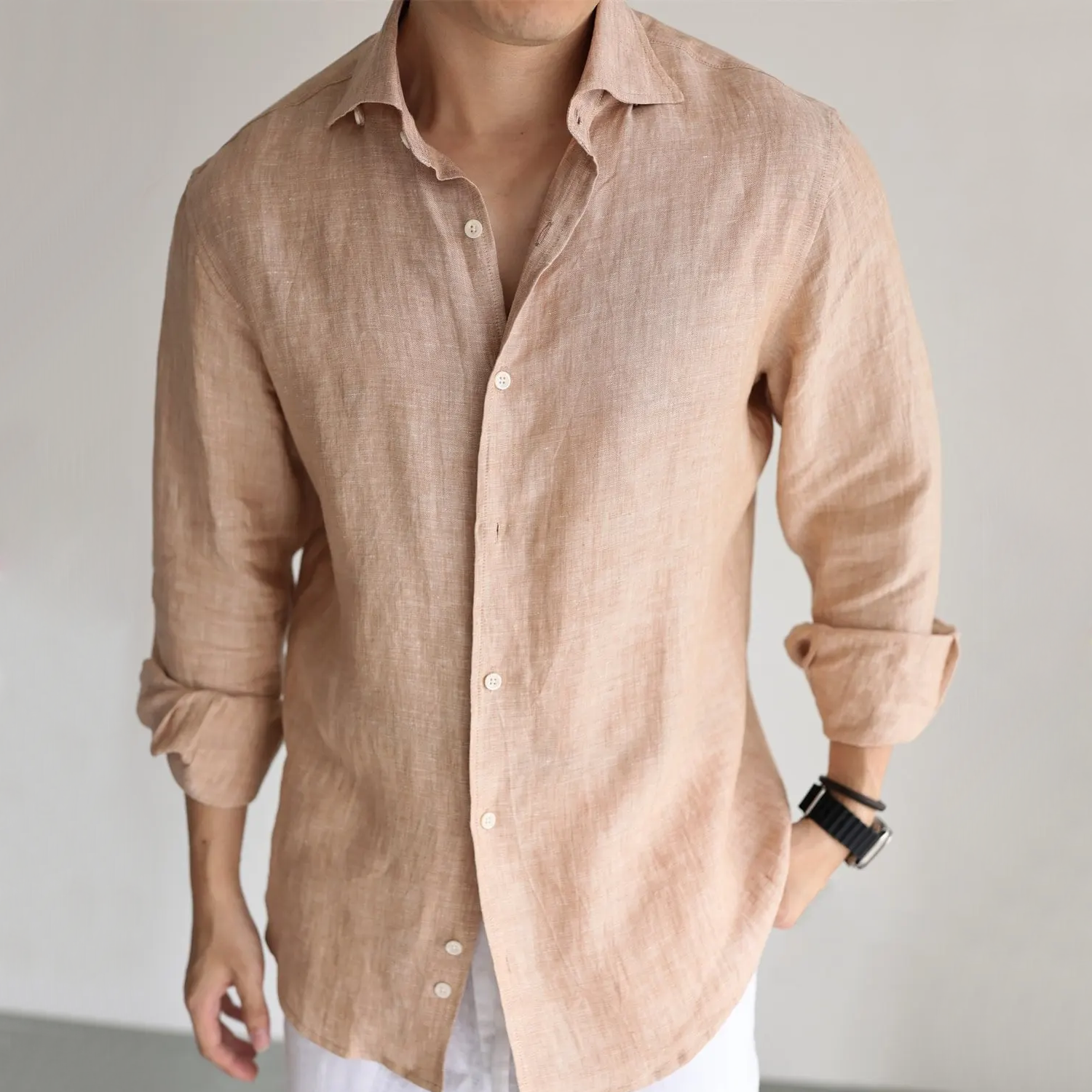 100% European Linen Shirt Yarn-Dyed Long Sleeve for Men REAL SILK LIFE