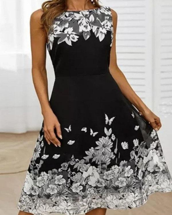 Floral Round Neck Sleeveless Highwaist Midi Dress - Chicaggo