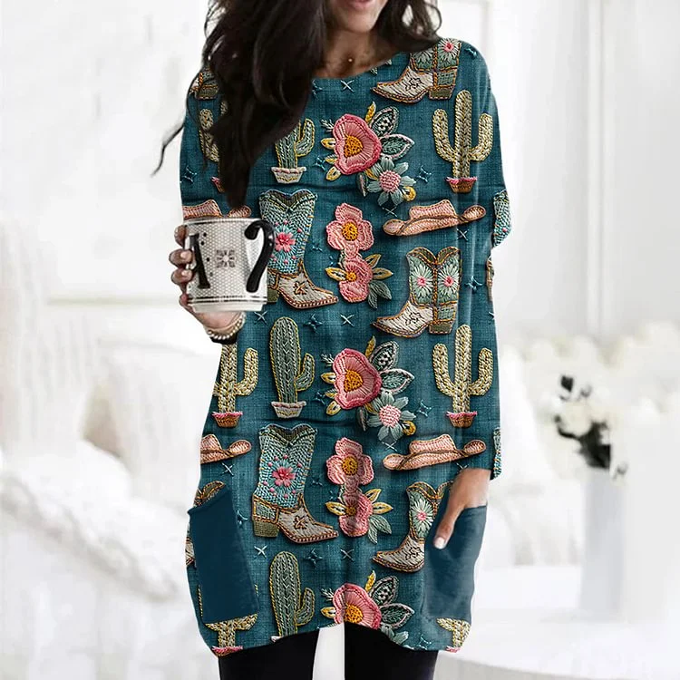 Western Vintage Boots And Cactus Cozy Casual Dress