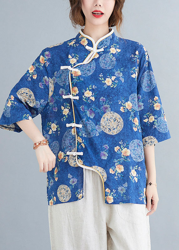 VCSHOES Blue Stand Collar Button Print asymmetrical design Fall Blouses Half Sleeve