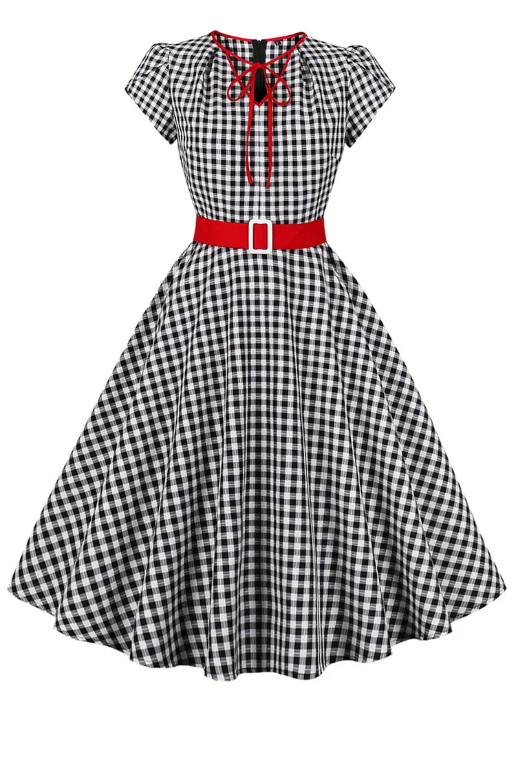 1950s Black Halloween Plaid Petal Sleeve Lace Up Tunic Midi Dress (With Belt)