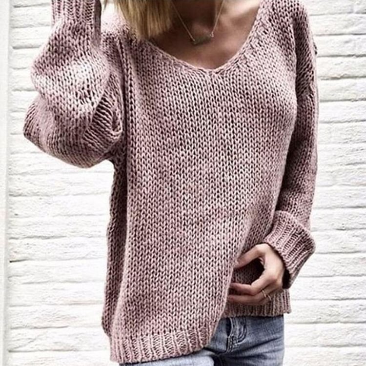 Vefave Solid Color V Neck Loose Casual Sweater