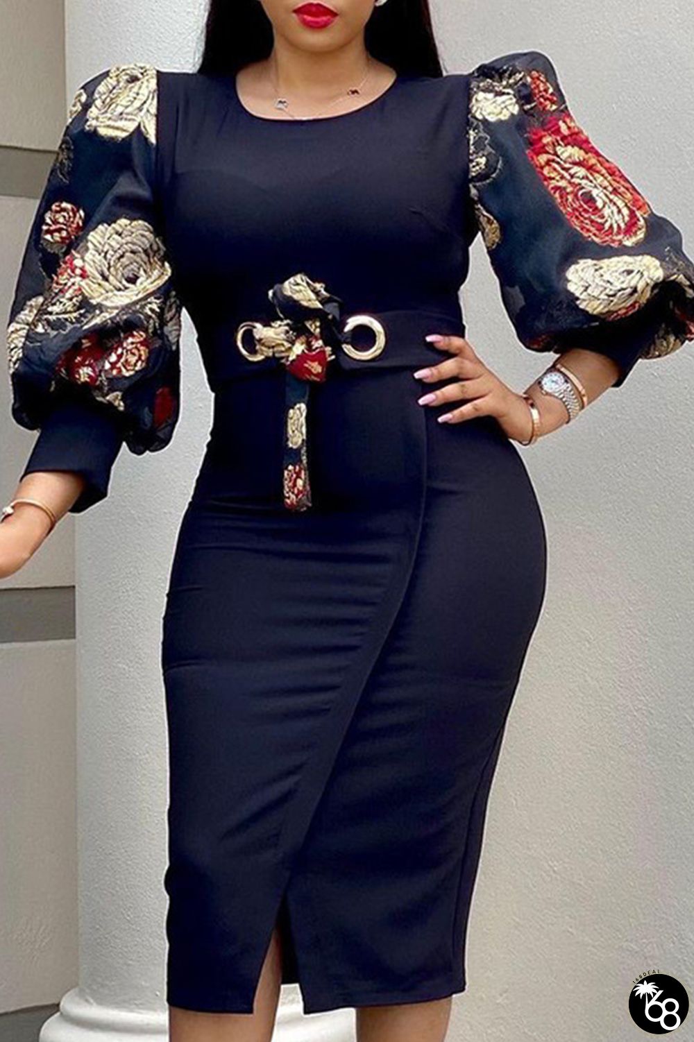 Casual Print Patchwork O Neck Wrapped Skirt Dresses | 168DEAL