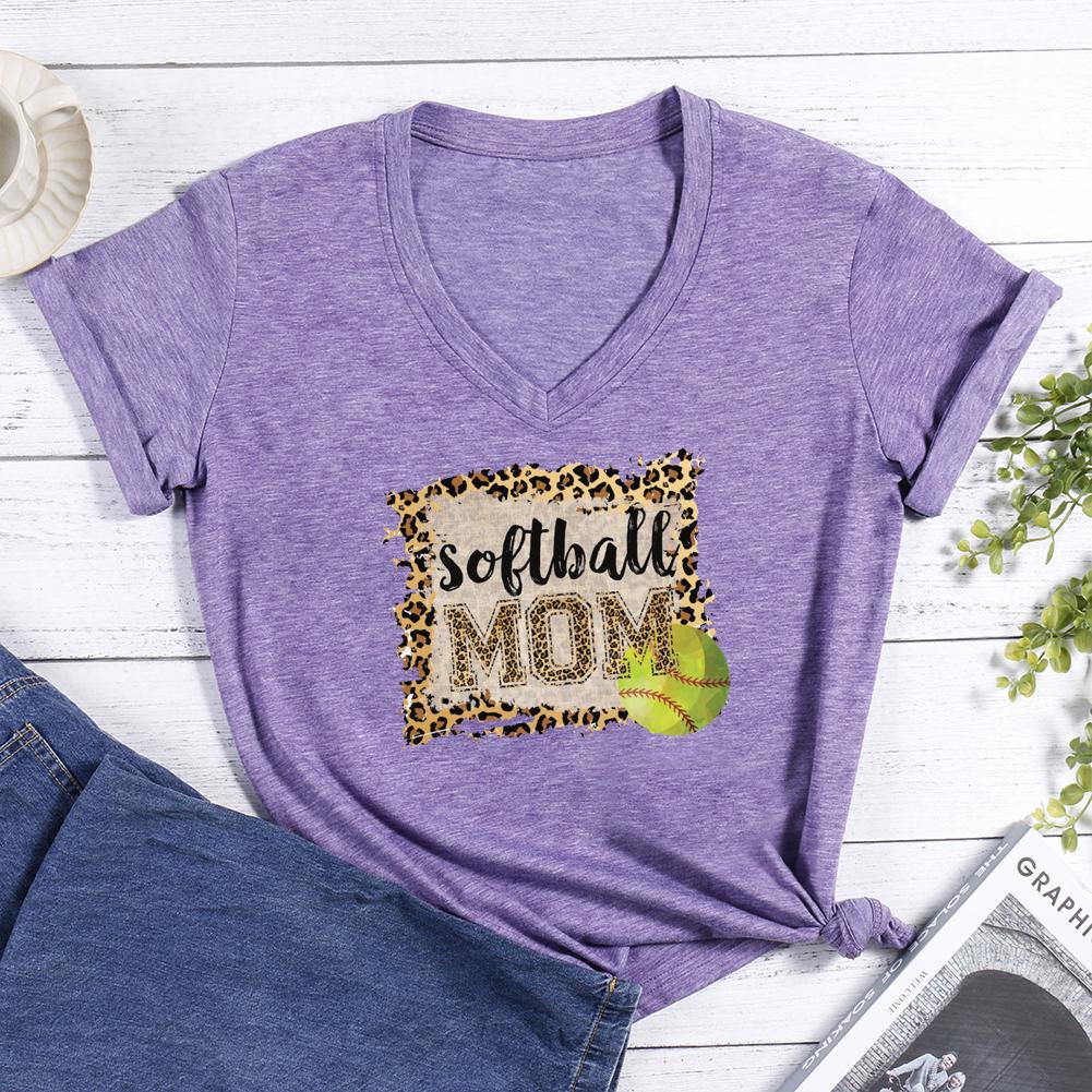 Softball Leopard mom V-neck T Shirt-Guru-buzz