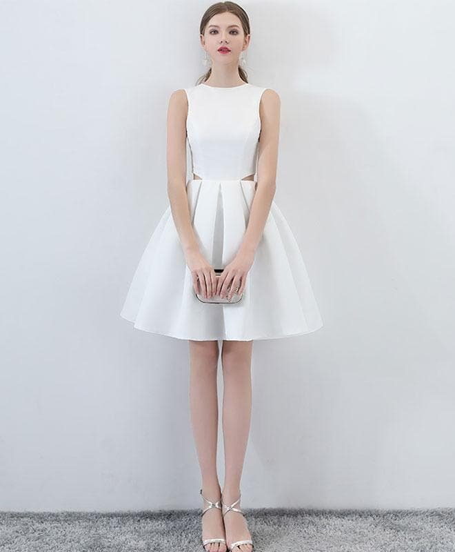 Simple White Satin Short Prom Dress, White Homecoming Dress