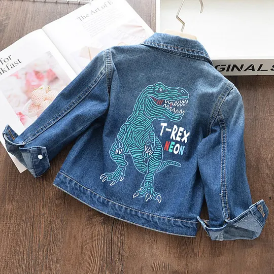 【18M-11Y】Boys Fashion Dinosaur And Letter Print Blue Denim Jacket - 3142