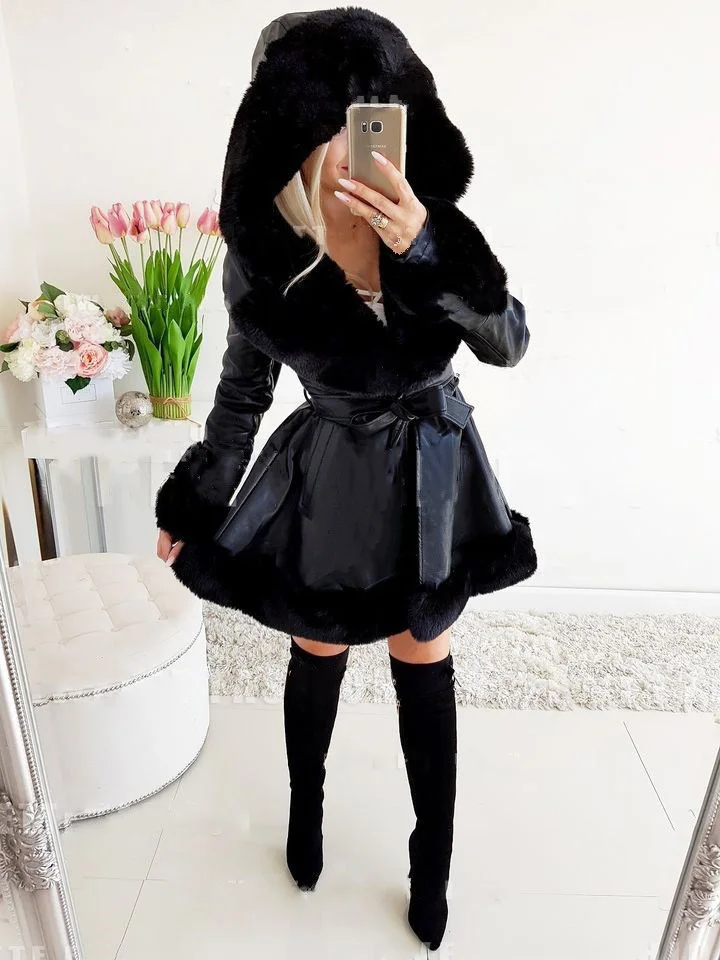 Solid Color Lapel Fur Splicing Jacket Women's Winter Warm Ruffled Lace-up Hooded Jacket Waisted Leather Coat Coat-JRSEE