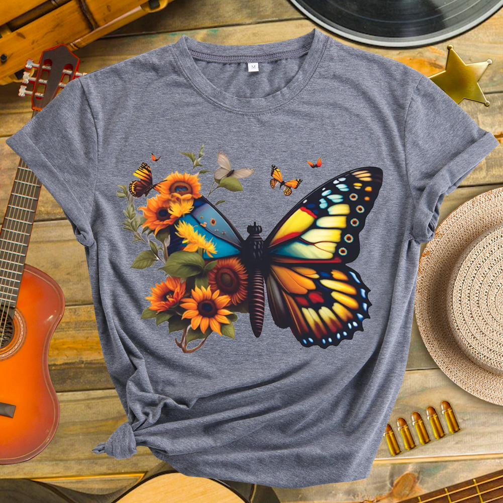 Colorful Creative Flower Butterfly Pattern Neck T-shirt-Guru-buzz