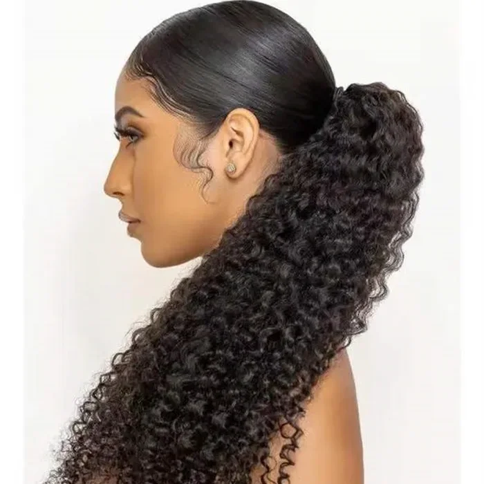 Burmese Curly Wrap-around Magic Velcro With Clip In Human Hair Ponytail Extension