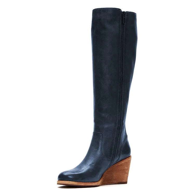 Navy Round-Toe Side Zipper Knee-High Boots with Wedge Heels |FSJ Shoes