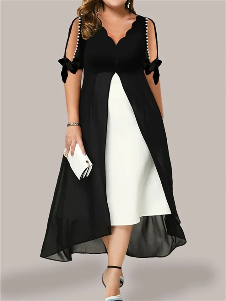 Women‘s Plus Size Curve Holiday Dress Color Block V Neck Ruched Half Sleeve Spring Summer Casual Maxi long Dress Daily A Line Dress / Polyester-JRSEE