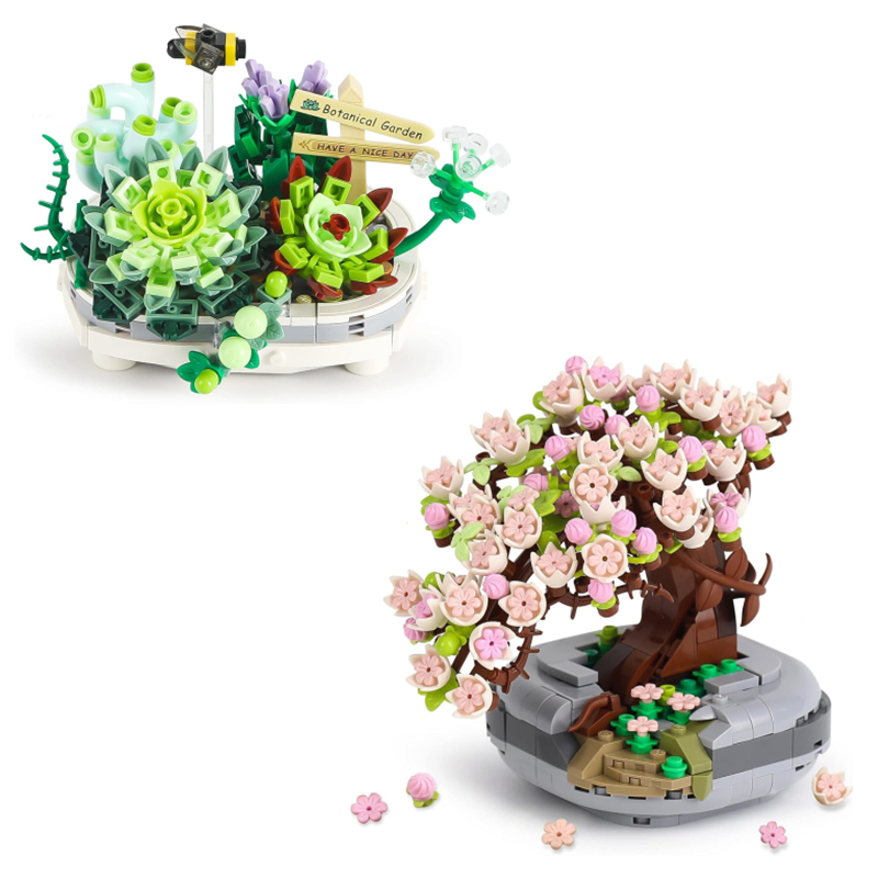 Mini Bricks Sakura and Succulent Bonsai Model Building Sets