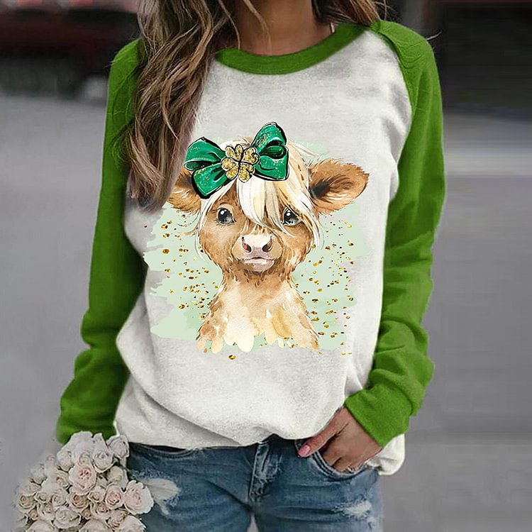 Comstylish St. Patrick's Day Bling Cute Bow Cow Print Sweatshirt