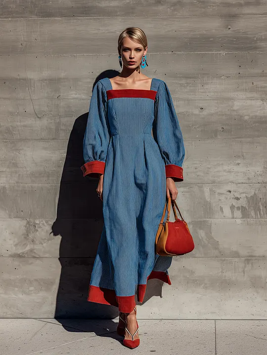 Women's Long Sleeve Contrast Trim Striped Blue Maxi Dress MD