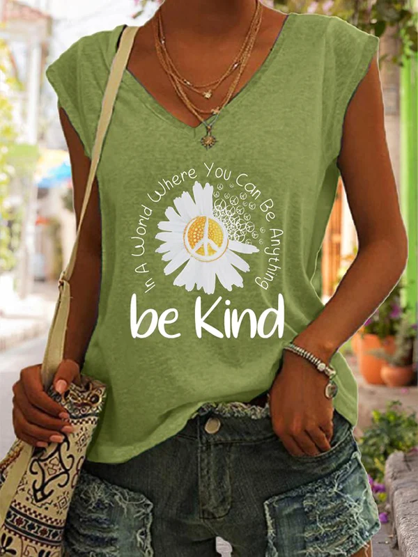 Women's Be kind Daisy Casual V Neck Sleeveless T Shirt