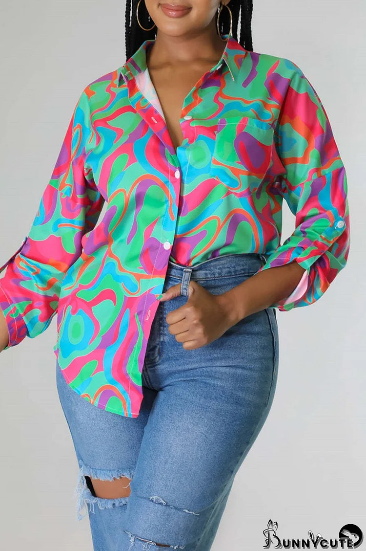 Green Fashion Casual Print Backless Turndown Collar Tops