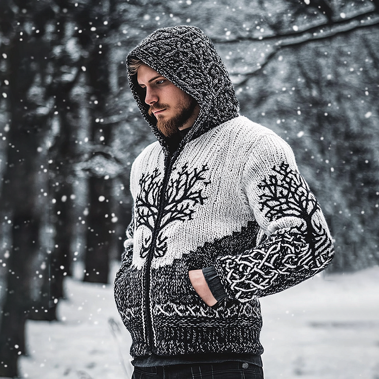 Men's Viking Tree Of Life Style Knitted Warm Hooded Cardigan Sweater