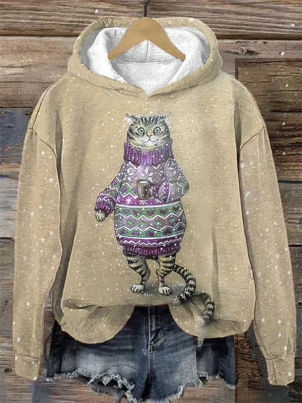 Women's Stripe Knitted Sweater Tea Cat Graphic Print Hooded Sweatshirt