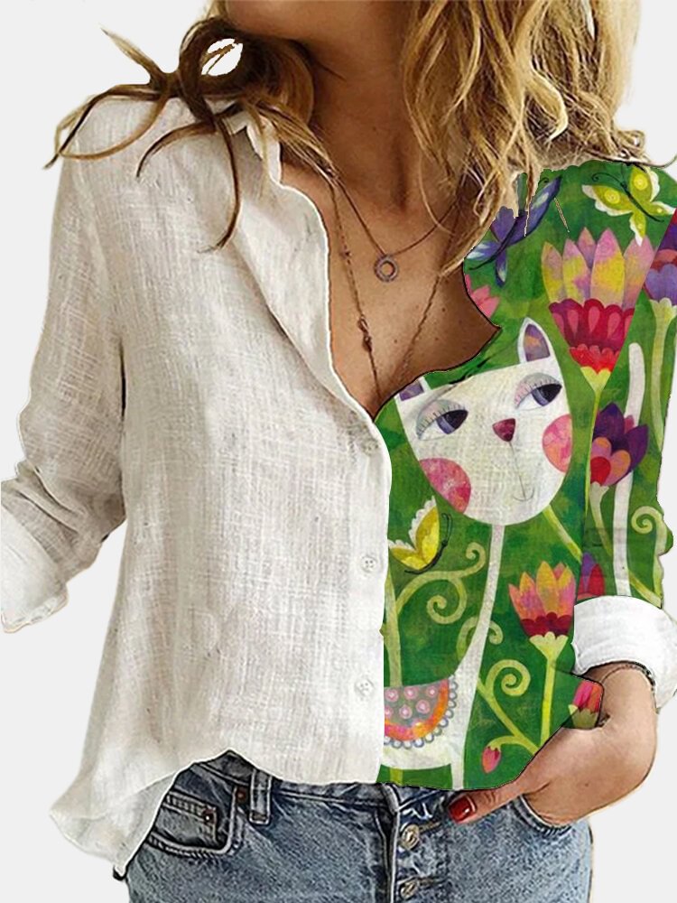 Cartoon Cart Flower Printed Long Sleeve Patchwork Blouse For Women P1735642