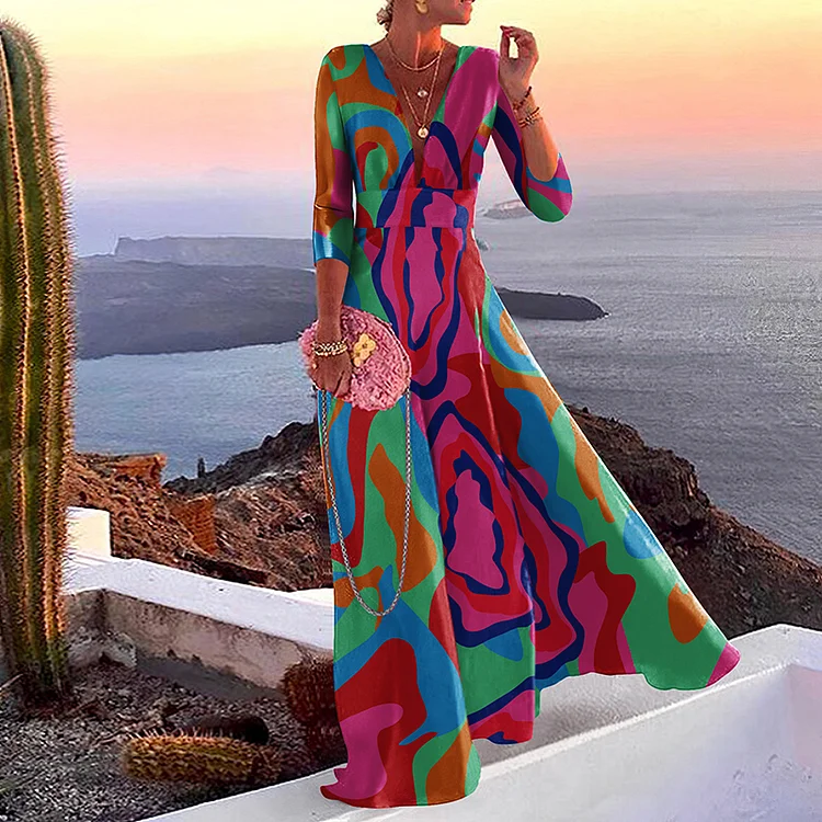 Vefave Elegant Print V-Neck A Swing Maxi Dress