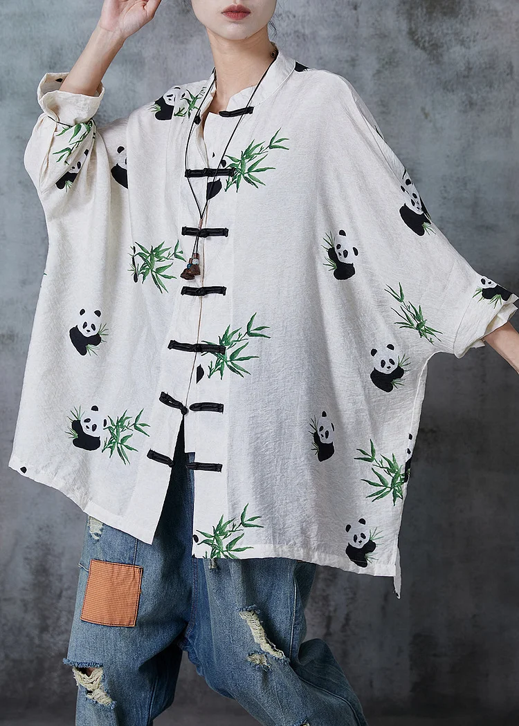 Vintage White Oversized Print Cotton Blouse Top Fall