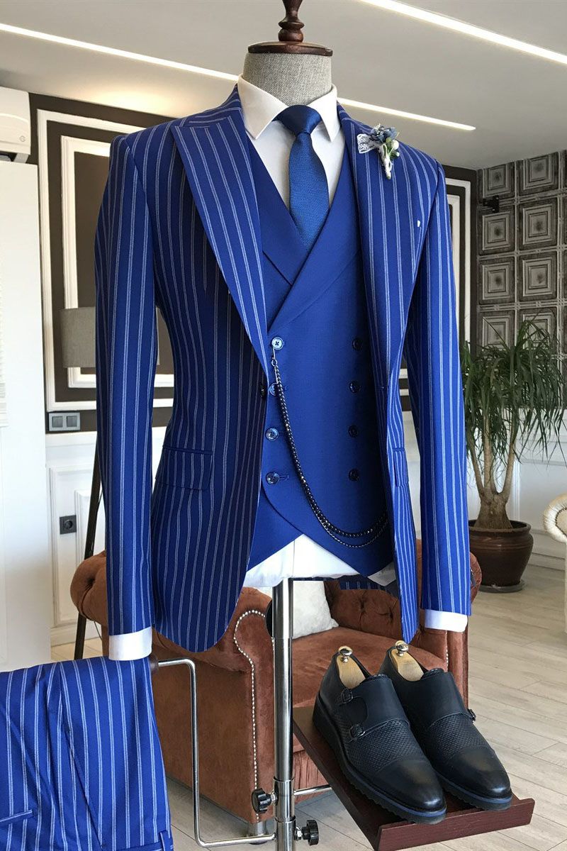Dresseswow Gentle Three Piecess Peaked Lapel Business Bespoke Suits Blue With Striped