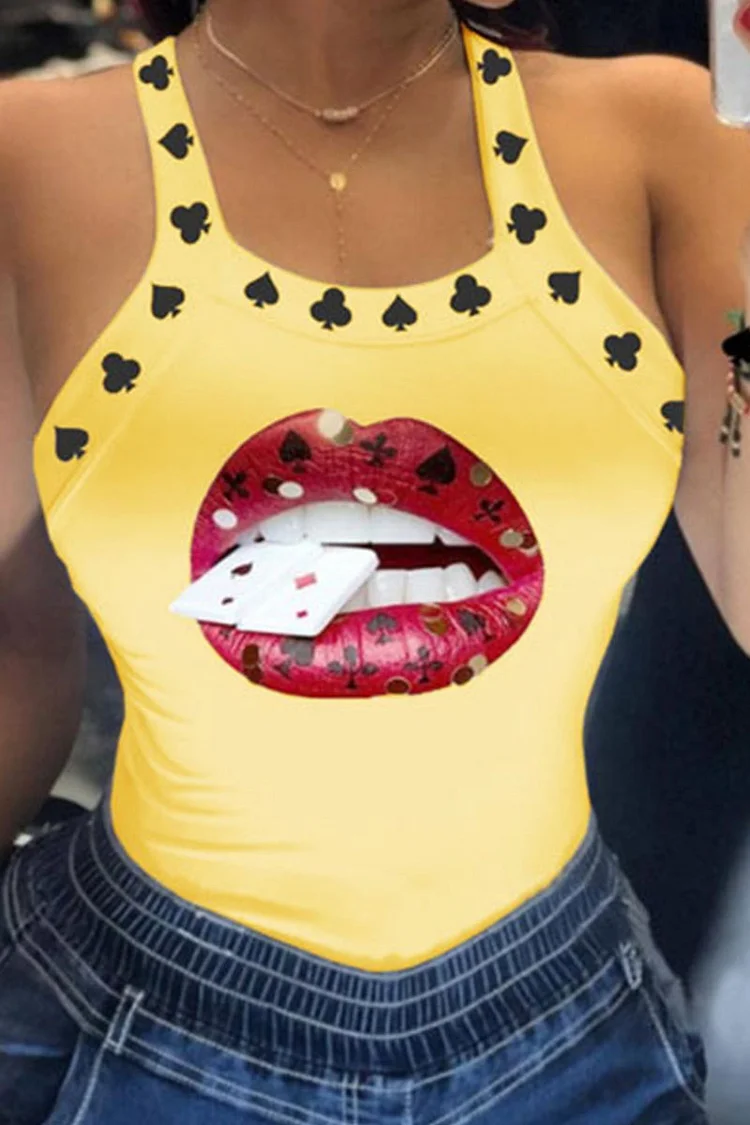Yellow Sexy Print Patchwork U Neck Tops