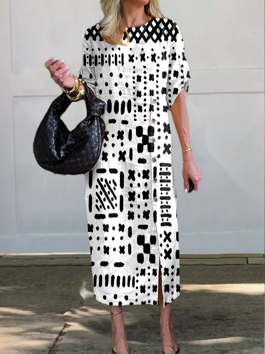 Women's Fashion Geometric Art Print V-Neck Button Pocket Cotton Dress