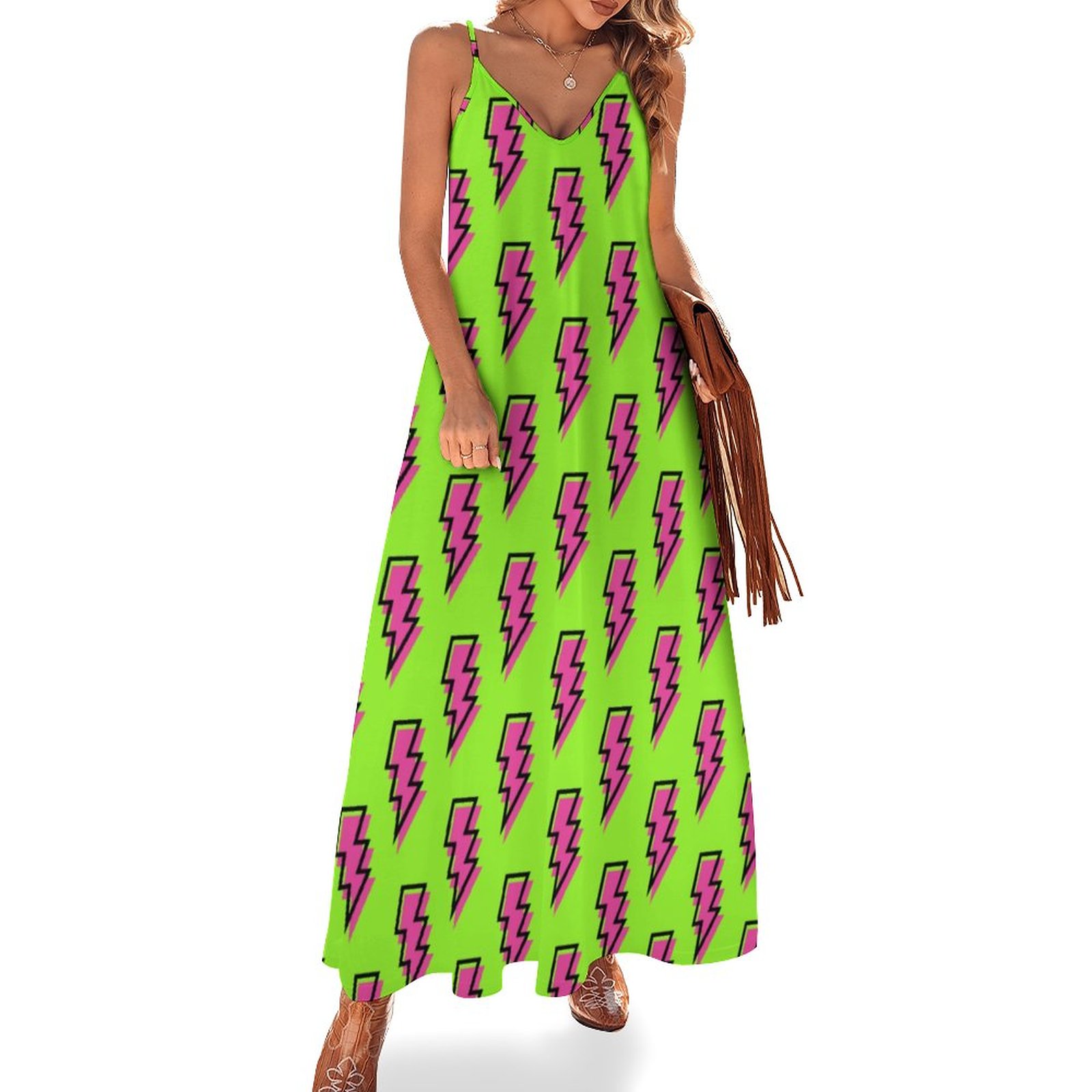80s 90s Neon Green Pink Lightning Bolt Women's Casual Strappy V Neck  Sleeveless Flowy Loose Long Maxi Beach Dress Sundress