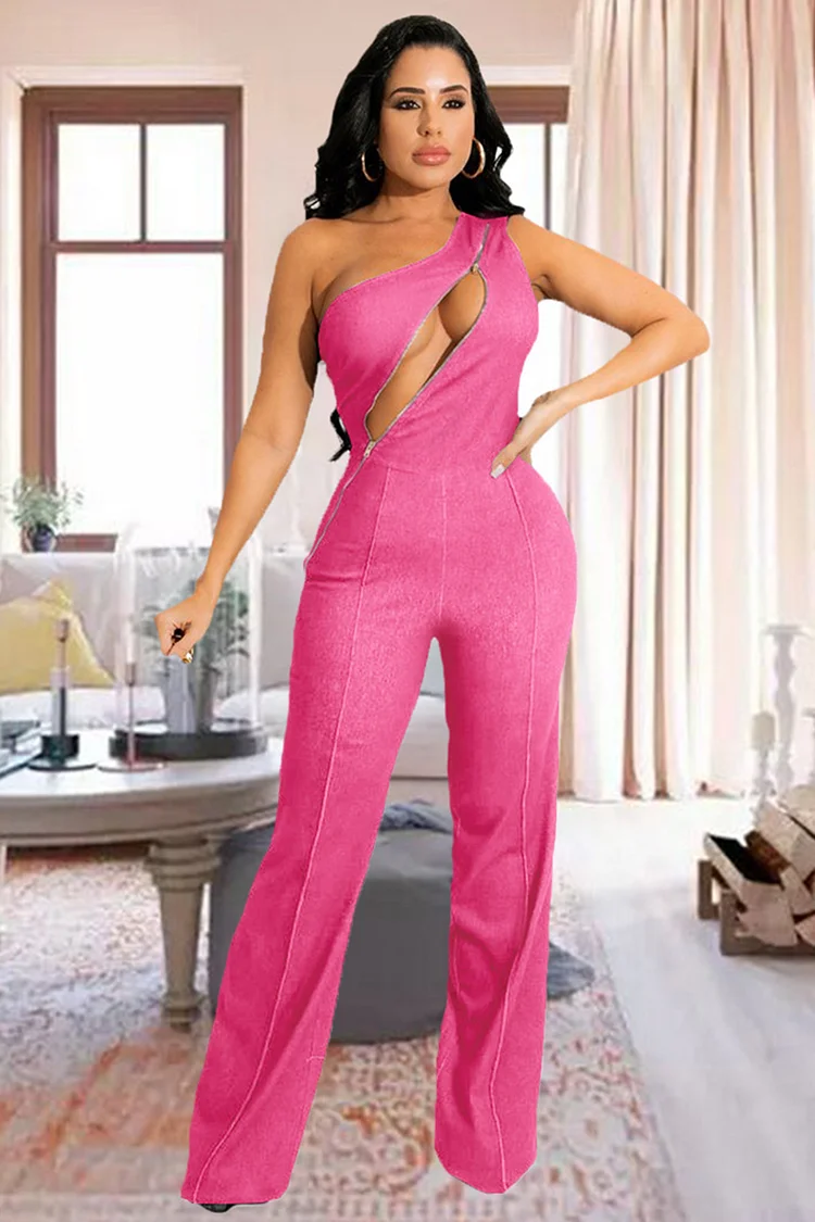 One Shoulder Zip Cut Out Sleeveless Slim Denim Jumpsuit