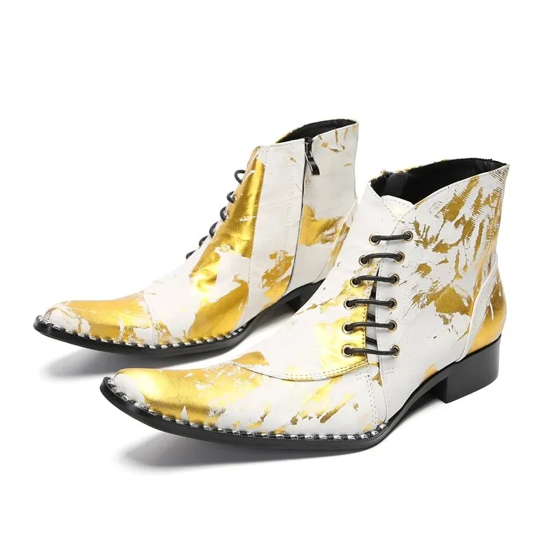 VCSHOES Plus Size Gold Men Zipper Pointed Toe Party Leather Shoes Club Prom Short Boots Banquet Plus Size Ankle Boots