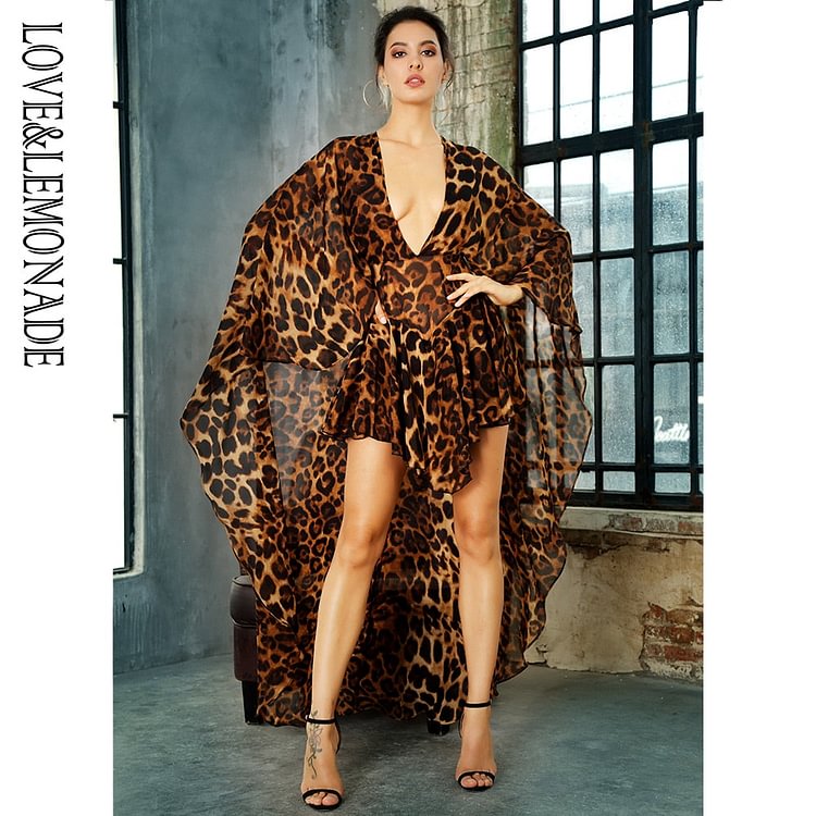 Deep V-Neck Open Back Cloak Style Leopard Chiffon Playsuit LM81381 - BlackFridayBuys