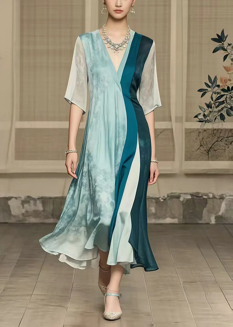 Boutique Polychrome Asymmetrical Patchwork Draping Silk Dresses Summer