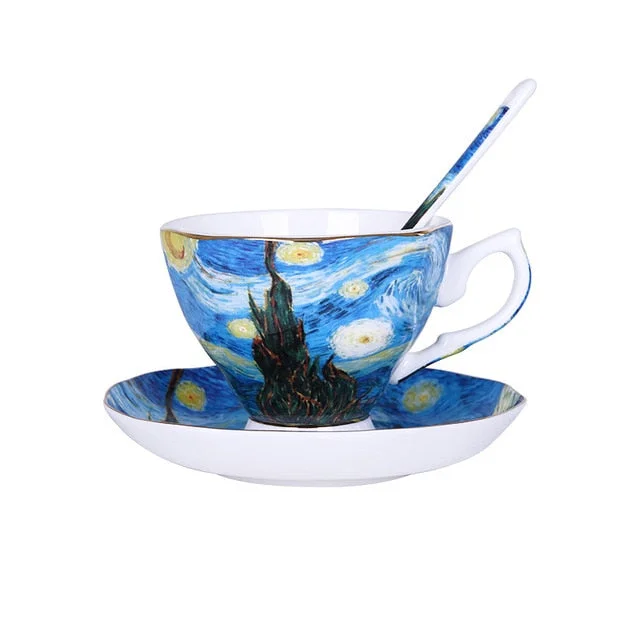 Van Gogh Oil Painting Fine Bone Coffee Cup Art Ceramic Coffee Mug w/ Saucer&Spoon - Appledas