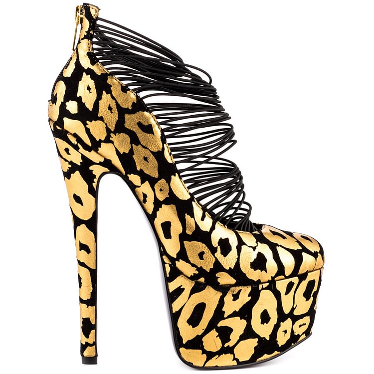 Leopard Print Heels Golden Strappy Platform Pumps Stripper Heels |FSJ Shoes
