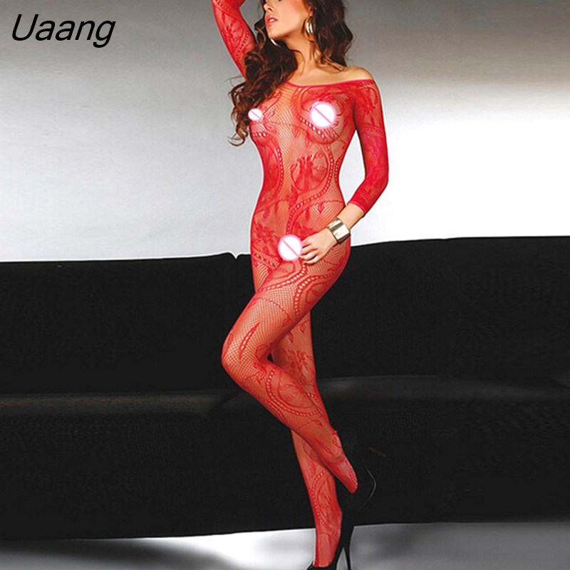 Uaang Bodystocking Open Crotch Hollow Out Women Bodycon Jumpsuit Tights