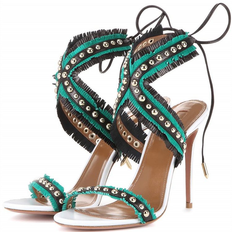 Women's Cyan Open Toe with Metal Lace Up Stiletto Heels Sandals |FSJ Shoes