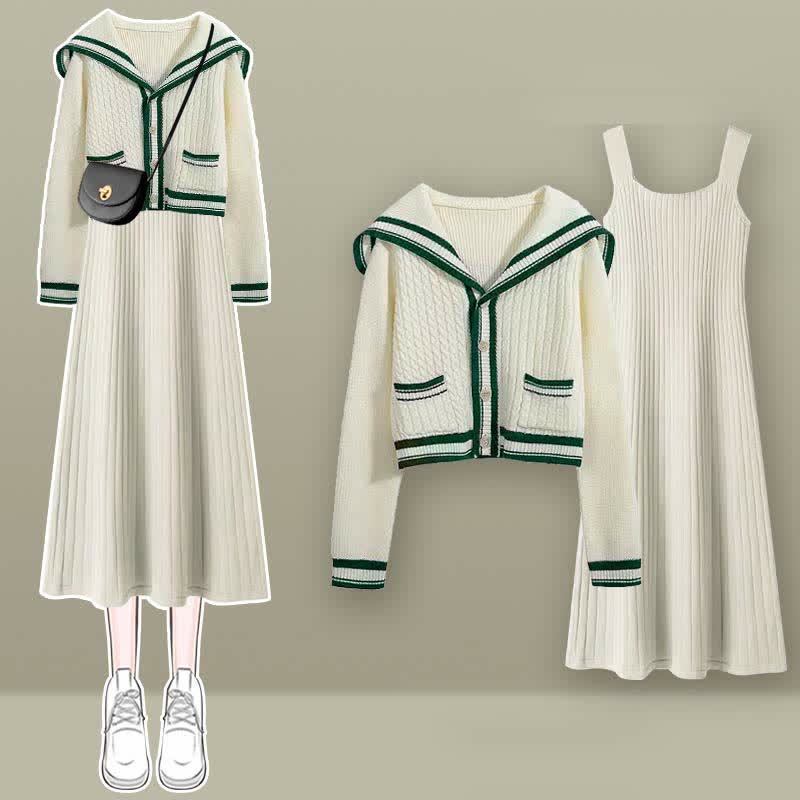 Sailor Collar Cable Sweater Slip Dress Denim Skirt Two Piece Set