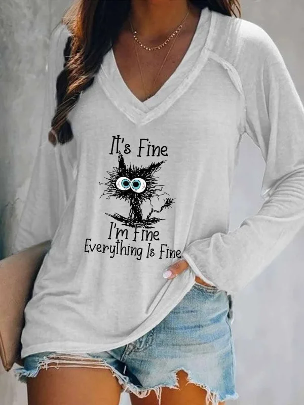 I'm Fine Cat Printed V-Neck Long-Sleeve