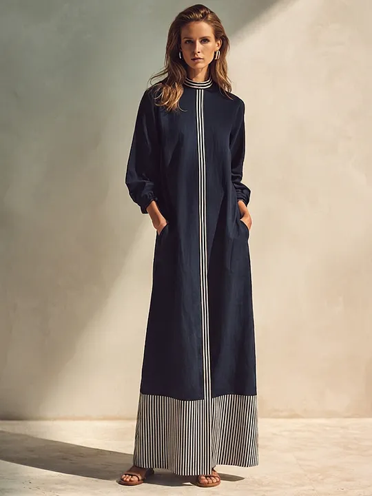 Women's Stand-Collar Cotton-Linen Maxi Dress With Color-Block Striped Hem MD
