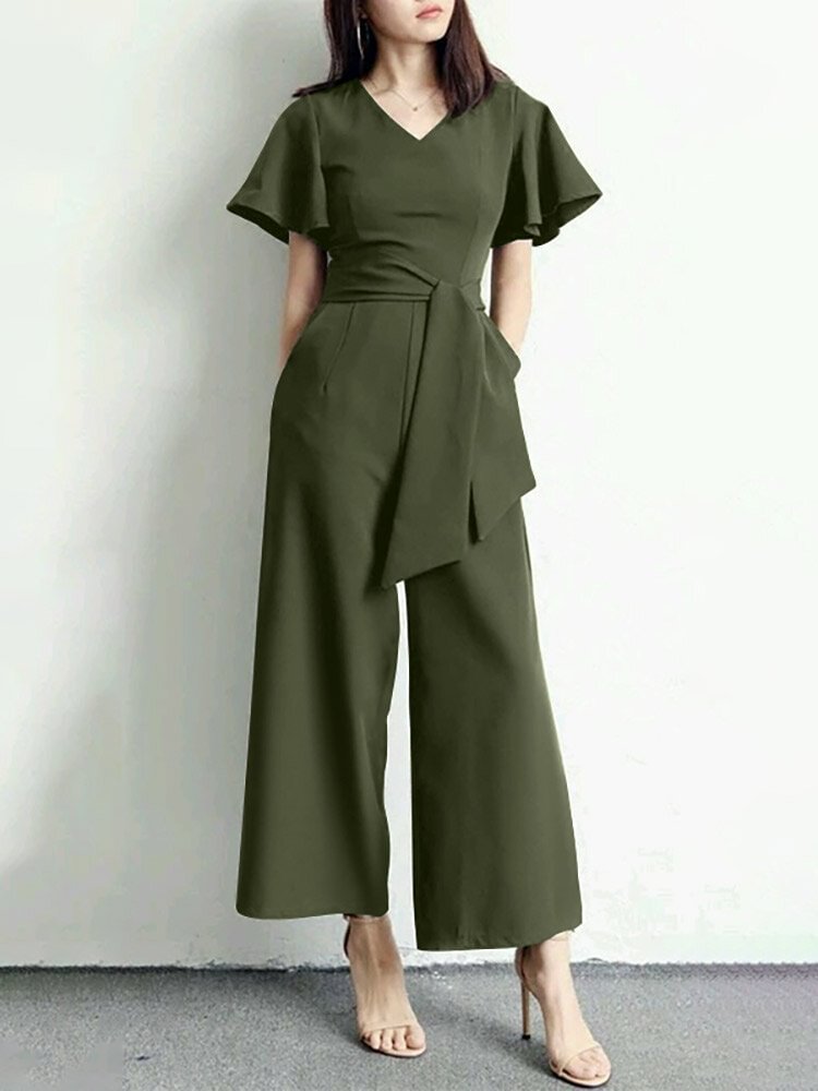 Solid Belt Pocket High Waist Ruffle Sleeve Wide Leg Jumpsuit