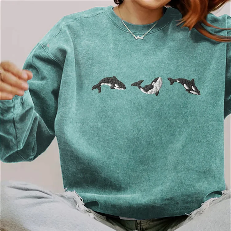 Comstylish Whale Print Crew Neck Casual Sweatshirt